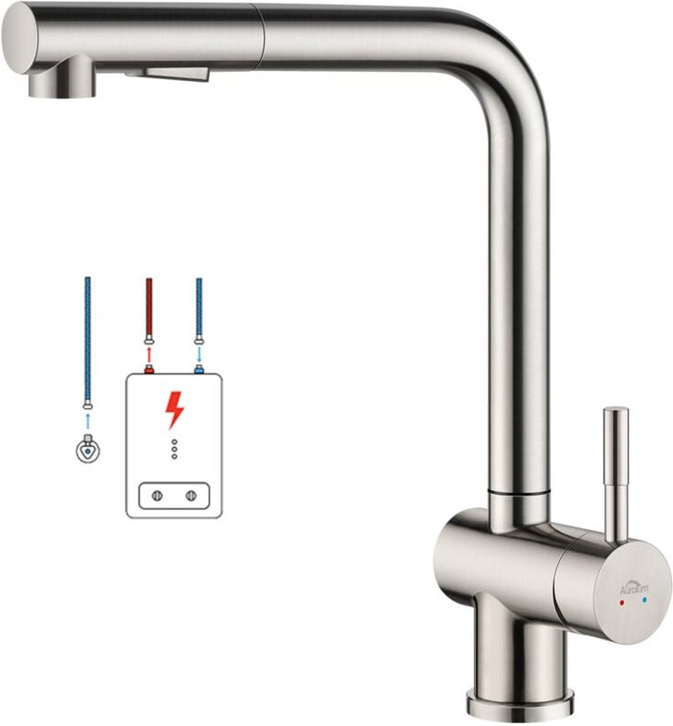 Auralum Niederdruck Küchenarmatur Ausziehbar 360° Drehbar, Wasserhahn Küche Ausziehbar aus Edelstahl, Spültischarmatur E...