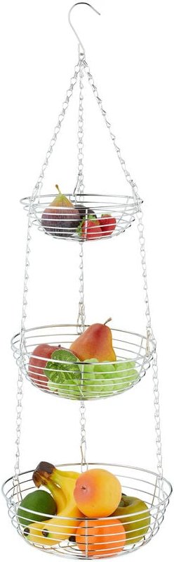 Obstkorb hängend, HxD: 82 x 26,5 cm, 3 Etagen, Metall, runder Hängekorb für Obst & Gemüse, Obstschale, silber - Relaxday...