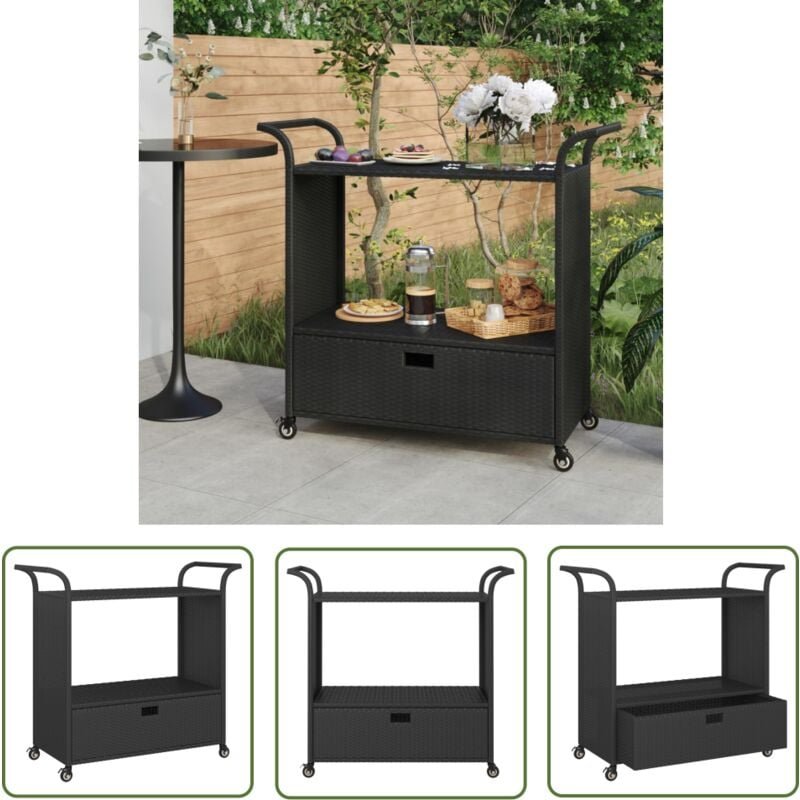 Barwagen mit Schublade Schwarz 100x45x97 cm Poly Rattan - Küchenwagen - Barwagen - Servierwagen - Rollwagen - Polyrattan...