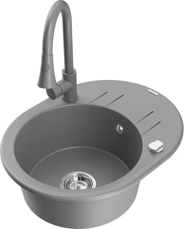 Kevin 1 Becken-Granitspüle mit Abtropffläche und Mischbatterie Elia, Grau - 6517-71-670101-71 - Mexen