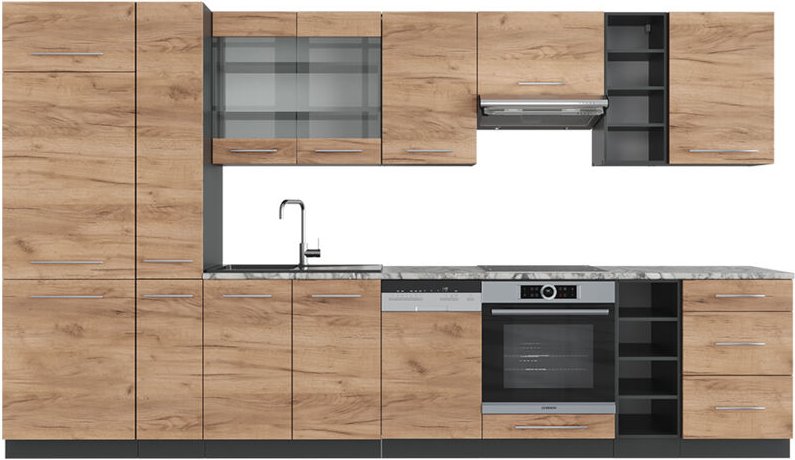 Vicco - Küchenzeile Fame-Line, Goldkraft Eiche/Anthrazit, 355 cm ohne Arbeitsplatte