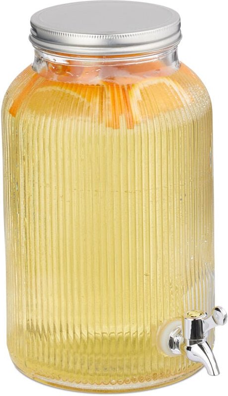 Getränkespender, Limobehälter geriffelt, 5 l, Zapfhahn & Deckel, Wasserspender, Glas & Eisen, transparent - Relaxdays