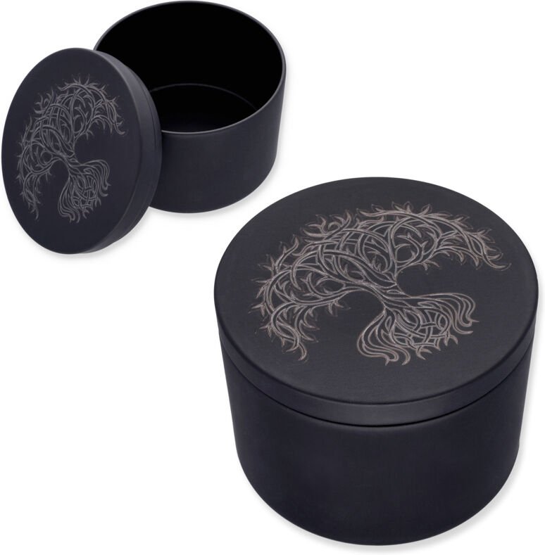 Blechdose mit Deckel, rund, schwarz, Metall, Lebensbaum, 8 x 6