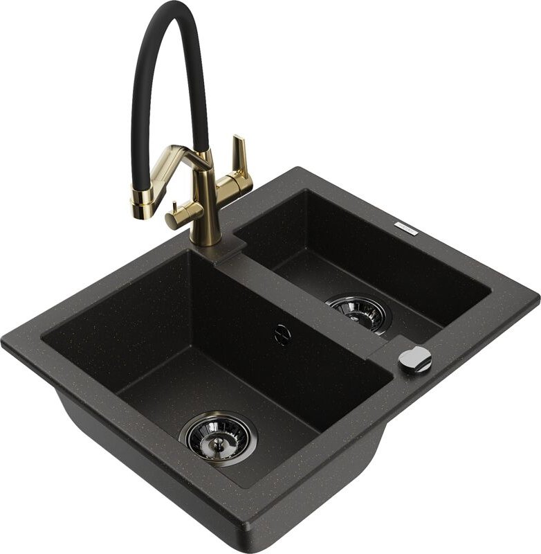 Carlos 1,5-Becken-Granitspüle mit Mischbatterie Duo, Schwarz/Gold metallisch - 6518-75-671701- - Mexen