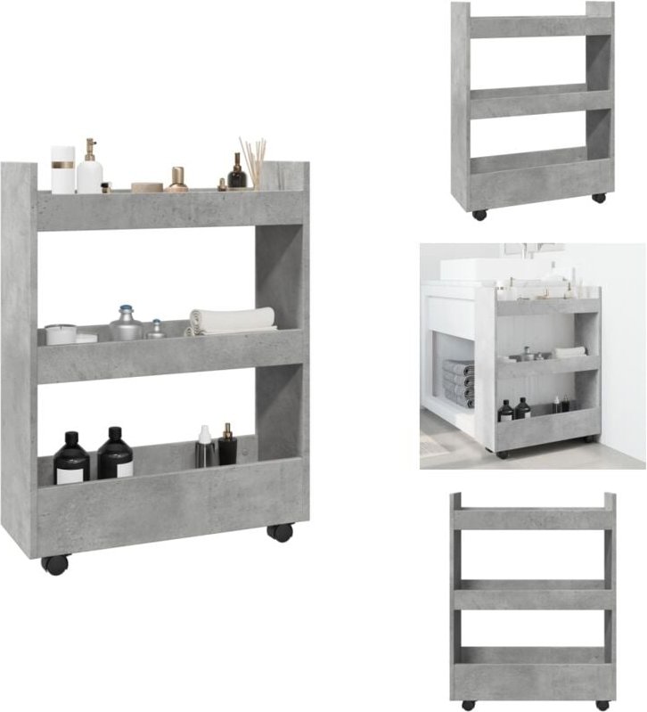 Aufbewahrungswagen Schmal 3 Etagen Betongrau Holzwerkstoff - Aufbewahrungswagen - Rollwagen - Küchenwagen - Beistellwage...