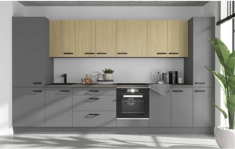 Küchenmöbel-Set Scarleta und Islarosa 370 cm mit Hängeschränken Hellbraun - Furnix