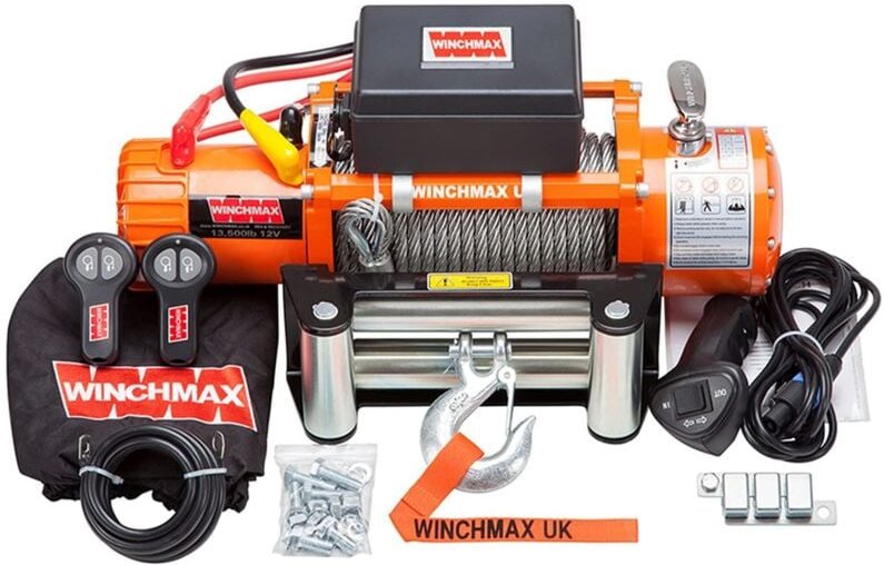 6.123 kg originale orangefarbene 12-V-Elektrowinde. 26 m x 9,5 mm Stahlseil. Drahtlose Fernbedienungen.