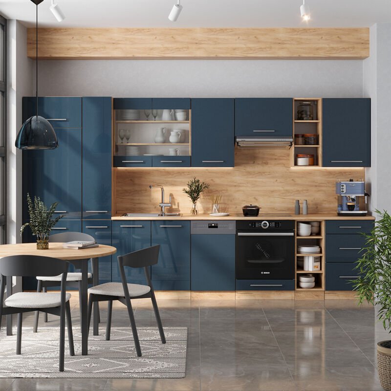 Thumbnail - Vicco - Küchenzeile Fame-Line, Dunkelblau Hochglanz/Goldkraft Eiche, 355 cm , ap Anthrazit