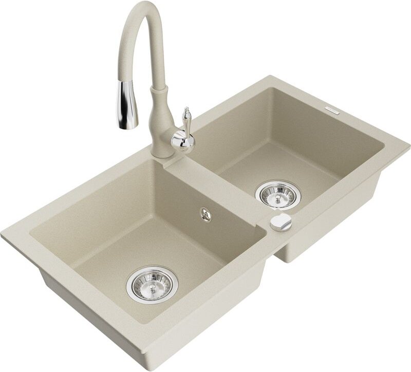 Mexen Mario 2-Becken-Granitspüle mit Mischbatterie Savita, Beige - 6504-69-672601-69