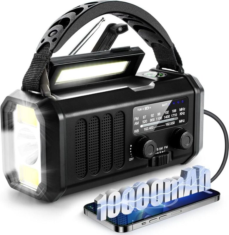 Notfall-Wetterradio, bester tragbarer Akku mit 10.000 mAh, Handkurbel, AM/FM-Solarradios, Typ-C-Telefonladegerät, Tasche...