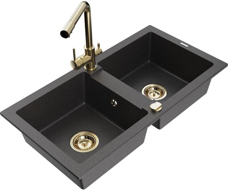 Mexen Mario 2-Becken-Granitspüle mit Mischbatterie Duero, Schwarz gesprenkelt - 6504-76-671600-50