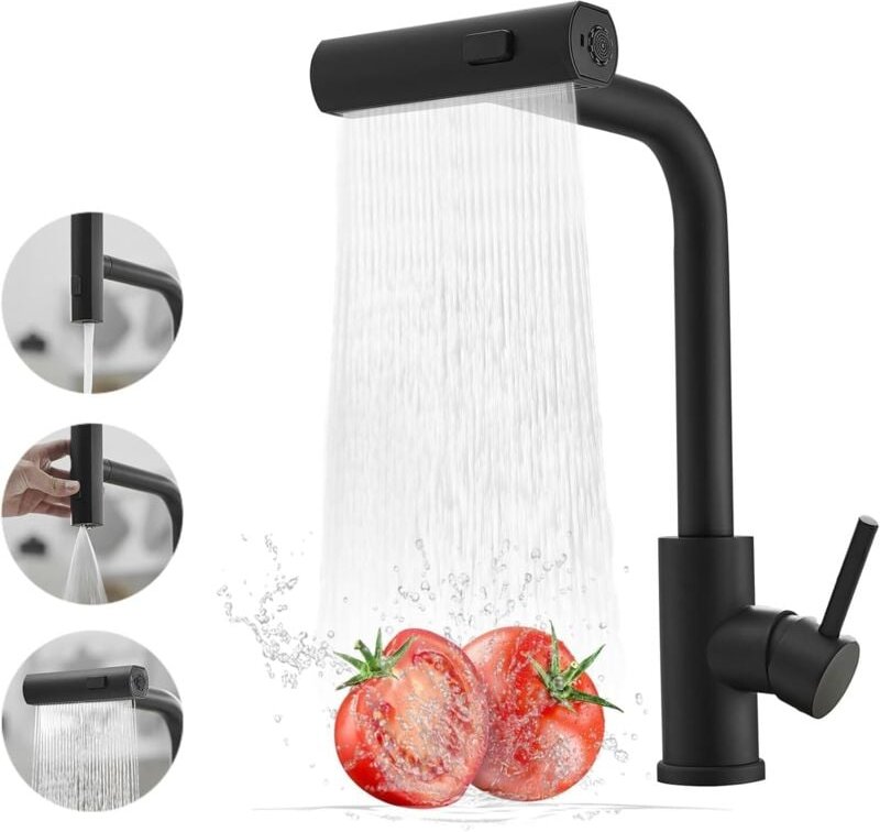 Sjqka - Schwarzer Küchenhahn mit ausziehbarer Brause, Edelstahl-Wasserfall-Küchenhahn, Einhebel-Küchenspülenhahn mit aus...
