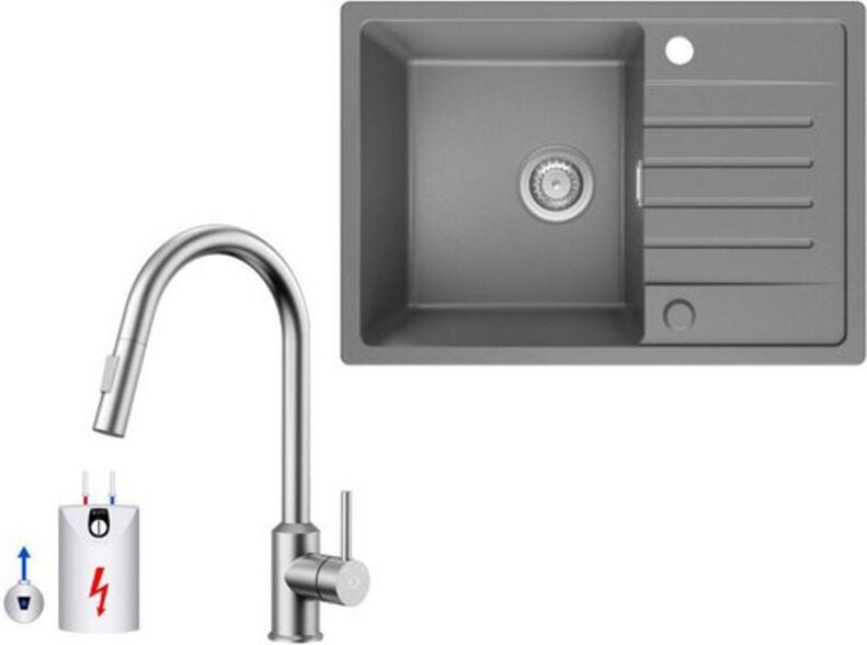 Cecipa Max - Küchenspüle 65x45cm Granitspüle Grau Mit Abtropffläche + Ausziehbarer Niederdruck-Küchenarmatur Gebürstete ...