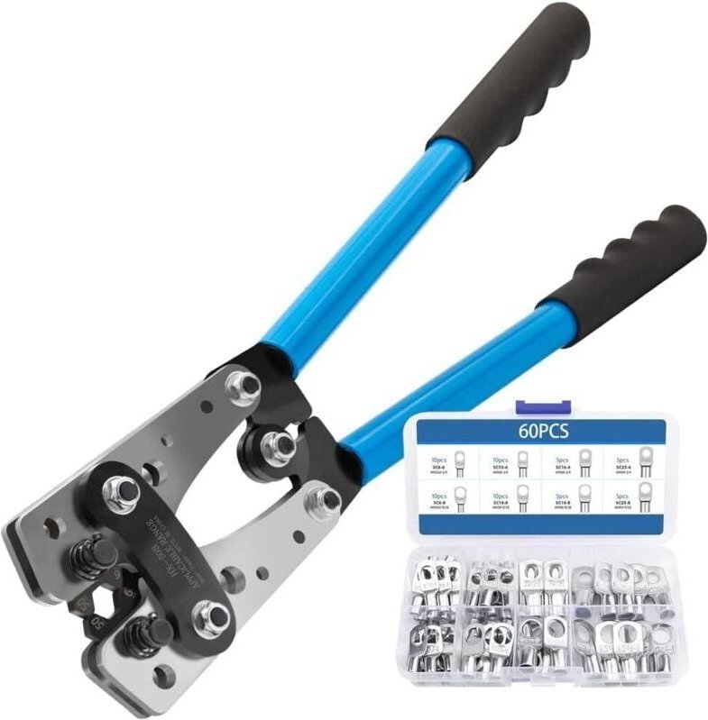 Crimpzange mit 60 Kabelschuhen, Crimpwerkzeug, Elektrikerzange, Kabelschuhe für 6-50mm² Batteriekabel. - KZQ