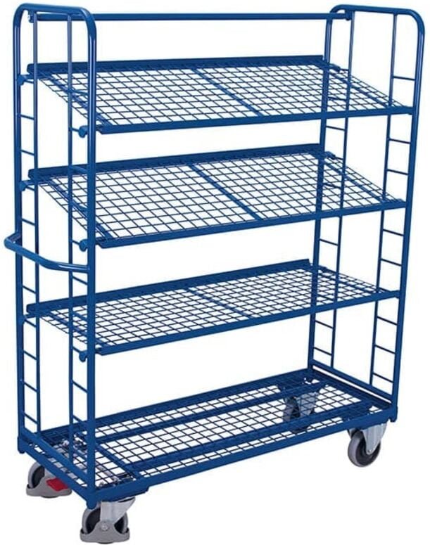 VARIOfit Etagenwagen mit vergitterten Seiten, Rohrschiebegriff und 3 neigbaren Drahtgitterböden 1355x550mm