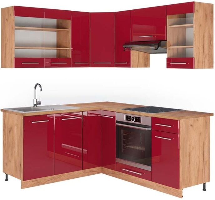 Vicco - Eckküche Fame-Line, Bordeaux Hochglanz/Goldkraft Eiche, 160 x 190 cm , ap Eiche