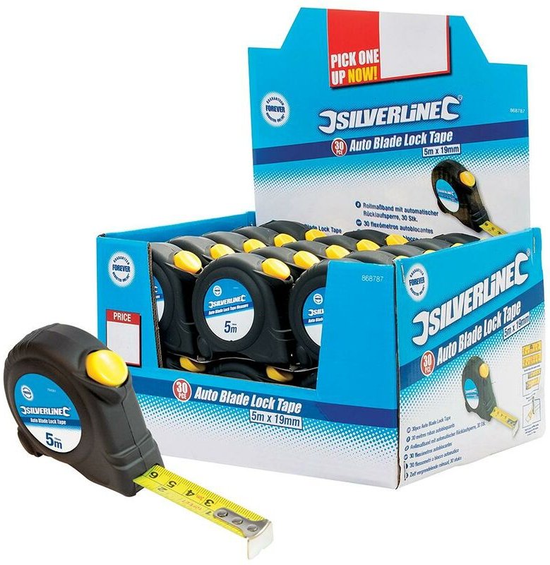 Silverline - Rollbandmaße mit automatischer Rücklaufsperre, Verkaufsdisplay 5 m x 19 mm, 30 Stck.