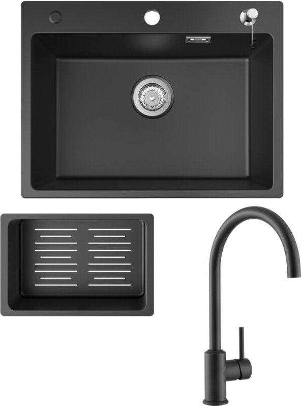 Cecipa Max - Küchenspüle 60x45cm Granitspüle Anthrazitschwarz Mit Seifenspender + Hochdruck-Küchenarmatur Schwarz Hohe 3...