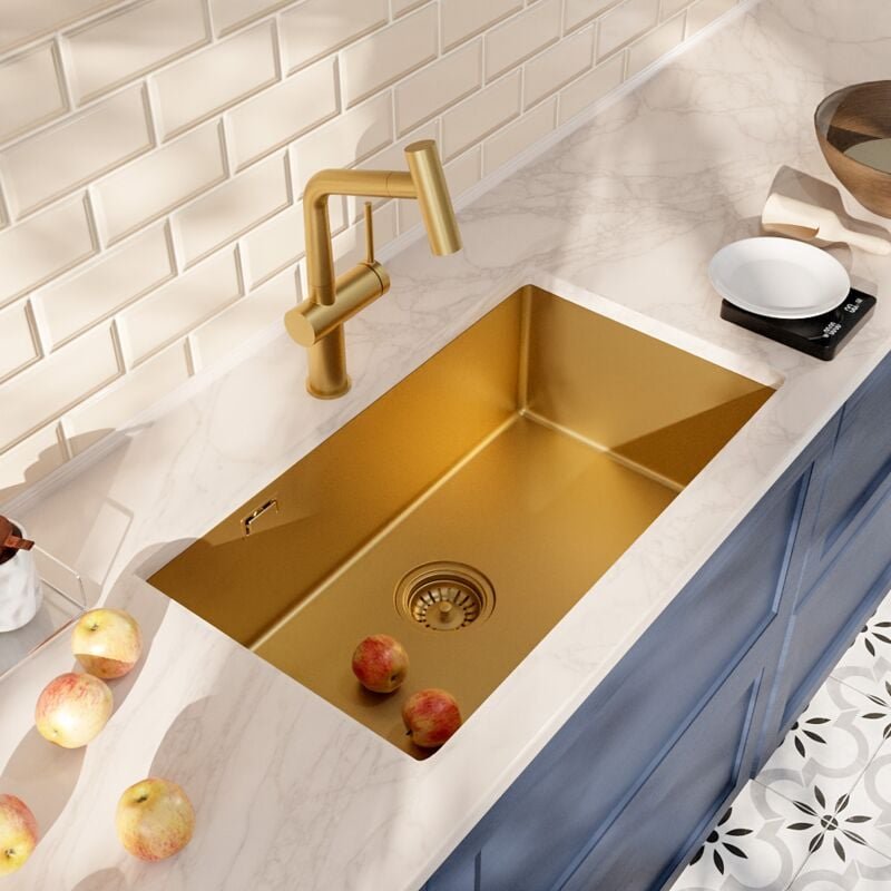 Ceramia Unterbau-Spüle 68x45 cm + Armatur mit Brause, Edelstahl, Gold gebürstet