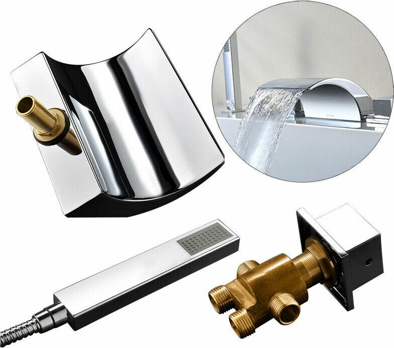 5 Loch Badewannenarmatur Set Wasserhahn mit Handbrause Waschbecken Wasserfall Wannenrand Armatur Set Chrome