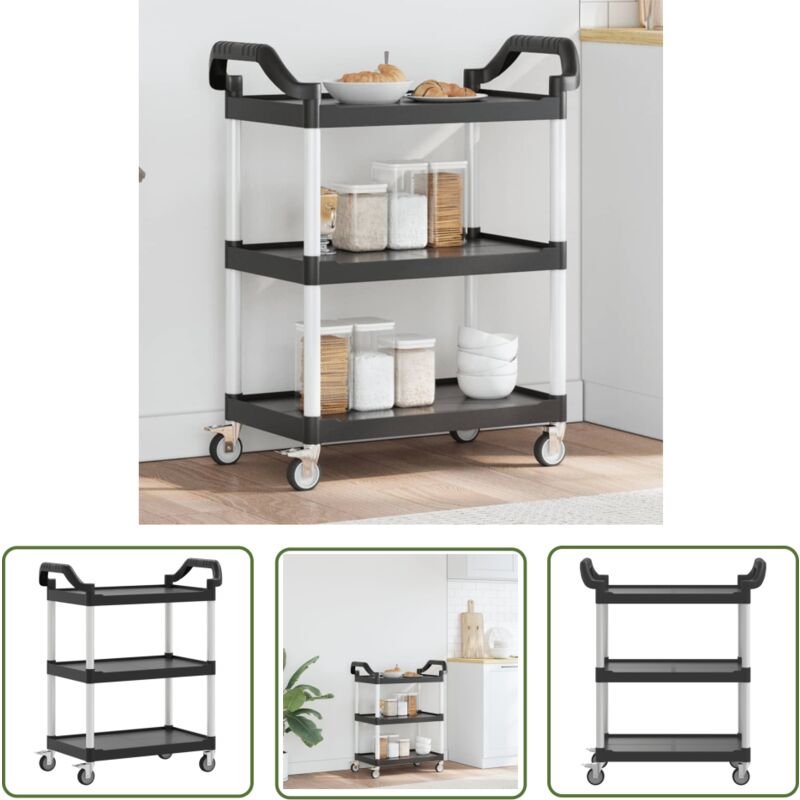Rollwagen mit 3 Etagen Schwarz 81x41x92 cm Aluminium - Servierwagen - Küchenwagen - Rollwagen - Stauraum - Mobiliar - Th...