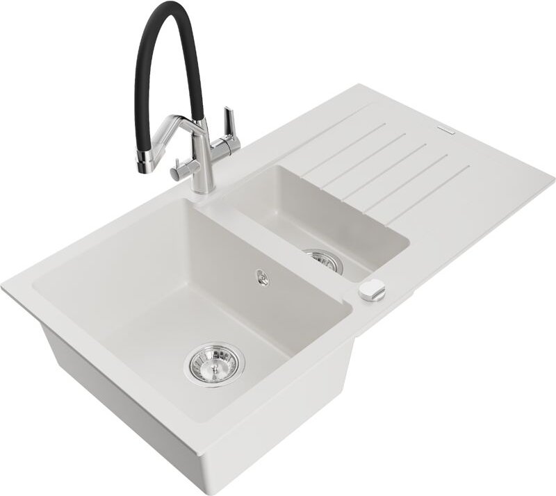 Matias 1,5-Becken-Granitspüle mit Abtropffläche und Mischbatterie Duo, Weiß - 6502-20-671701-0 - Mexen