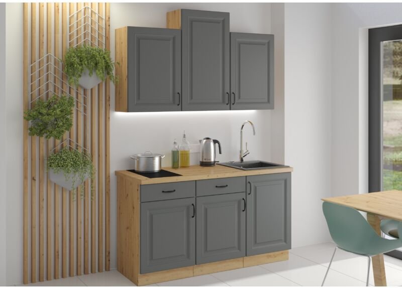Küchenmöbel-Set Eckküche Ariatte 150 cm mit Hängeschränken Dunkelgrau Artisan - Furnix