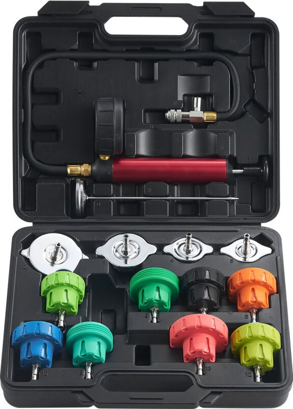 Mophorn Universal-Kühlerdruckprüfer-Set,14-teiliger Kühlmitteldruckprüfer mit manueller Pumpe und farbcodierten Stahlkap...