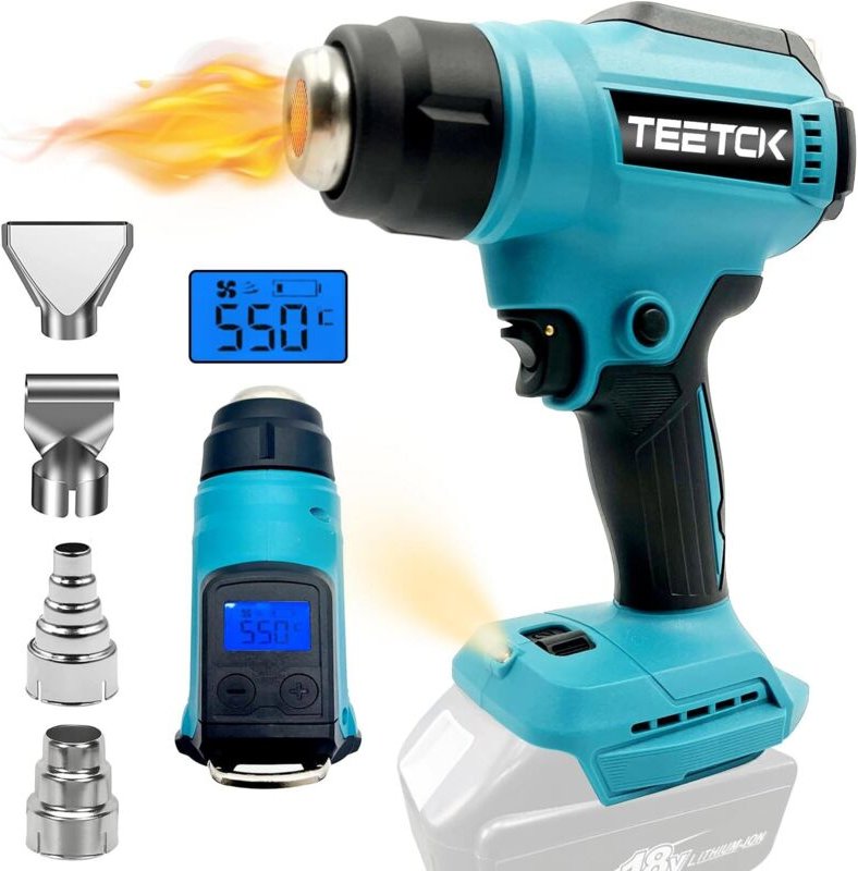 Teetok - Heißluftpistolen, tragbare kabellose Heißluftpistole mit LCD-Display, 30–490 °c, 2 Temperaturen mit 4 Düsen für...