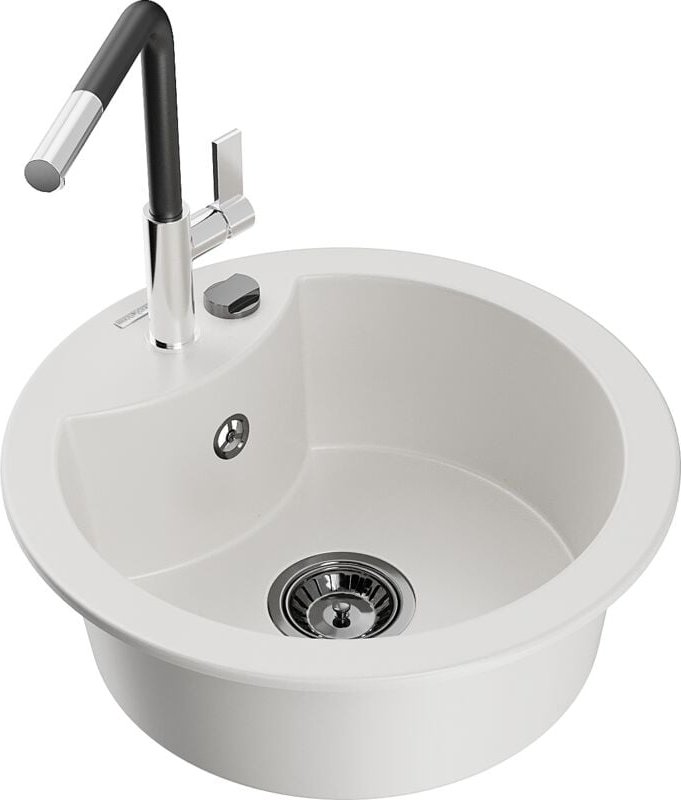 Diego 1-Becken-Granitspüle mit Mischbatterie Flora, Weiß - 6512-20-670401-07-B - Mexen