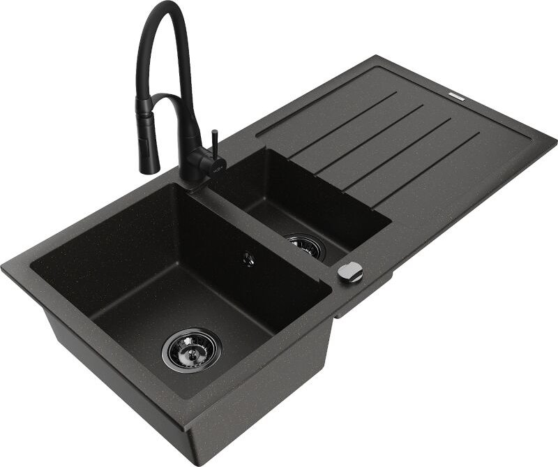 Andres 1,5-Becken-Granitspüle mit Abtropffl√§che und Mischbatterie Aster, Schwarz/Gold metallisch - 6515-75-73450-70-B -...