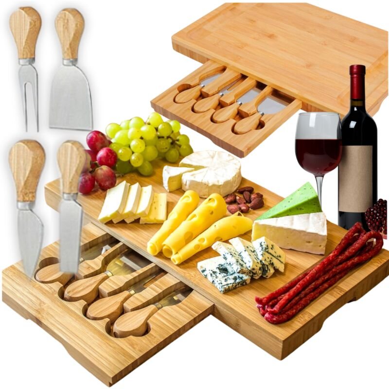 Bambusbrett zum Servieren von Käse, Snacks, Aufschnitt, Messern, Geschenk