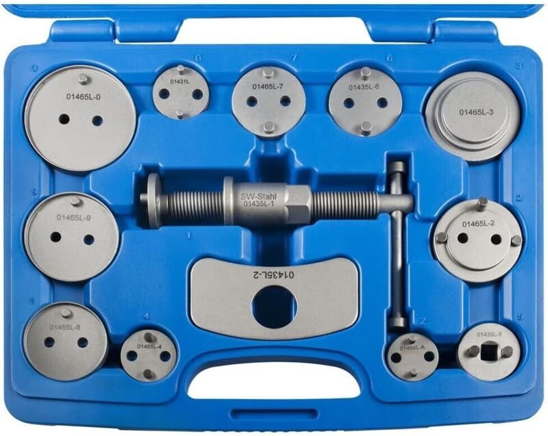 SW-Stahl 01435L Bremskolbenrückdrehwerkzeug, 13-teilig I Bremskolben-Rückstell-Werkzeug I Rechts-Spindel I 13tlg Set Dru...