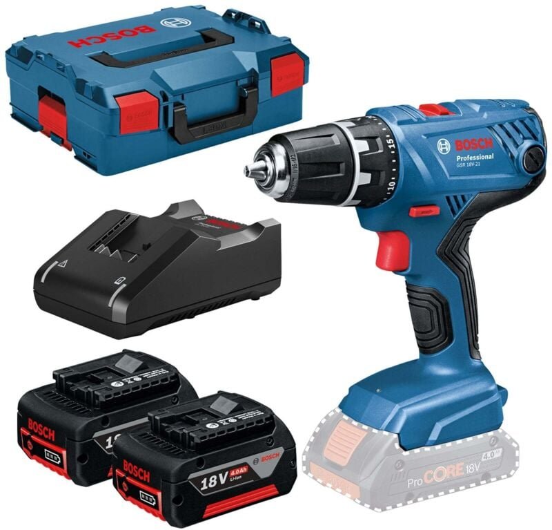 Bosch Akku-Bohrschrauber GSR 18V-21 / 2x 4,0 Ah Akku + Ladegerät in L-Boxx