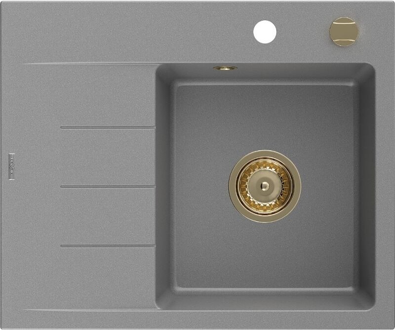 Ben Granitspüle 1-Becken mit rechter Abtropffl√§che 600 x 500 mm, grau, goldener Siphon - 6523605000-71-G - Mexen