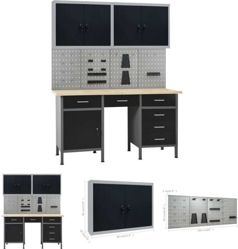 Werkbank mit 4 Werkzeugwänden und 2 Wandschränken - Werkbänke - Schwarz - The Living Store
