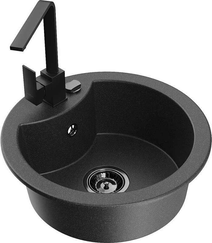 Diego 1-Becken-Granit-Spüle mit Mischbatterie Rita, Schwarz gesprenkelt - 6512-76-670300-70-B - Mexen