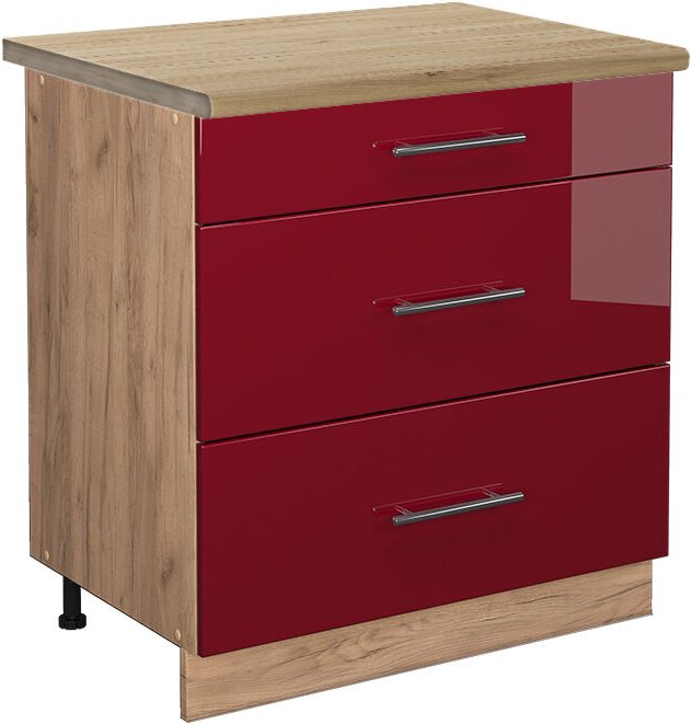 Vicco - Küchenunterschrank Fame-Line, Bordeaux Hochglanz, 80 cm mit 3 Schubladen, ap Eiche