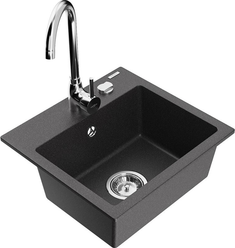 Milo 1-Becken-Granit-Spüle mit Mischbatterie Telma, Schwarz gesprenkelt - 6505-76-670200-00 - Mexen
