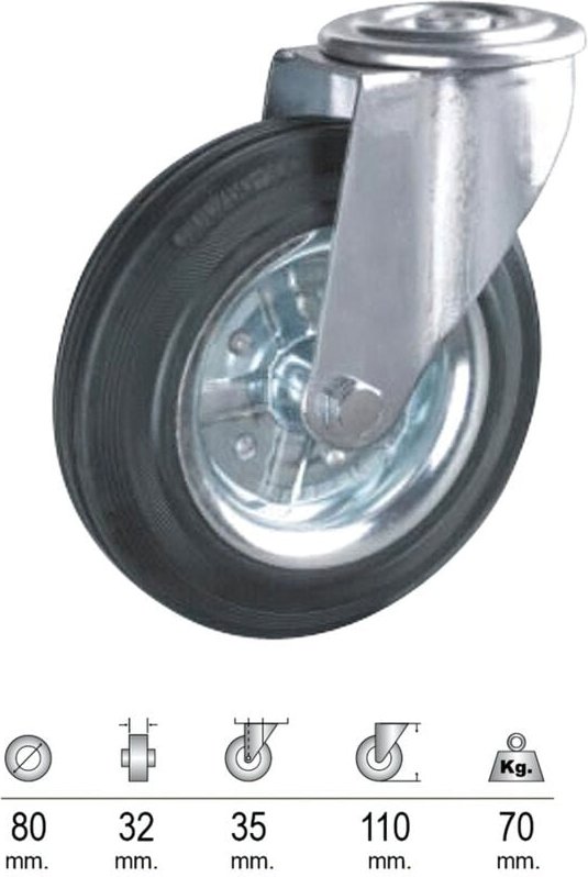 Rueda Industrial Goma Negra Pasante 80mm