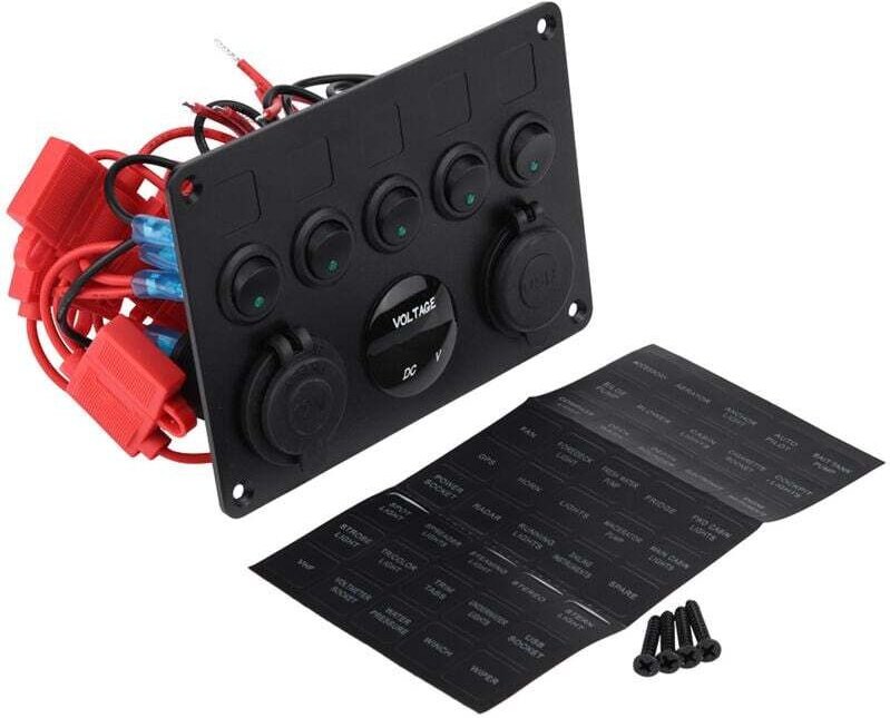 Wippschalterfeld, Stromkreisschutz, Dual-USB-Anschluss, breite Anwendbarkeit, 5-Gang-Schalterfeld für 12-V-24-V-Elektrom...