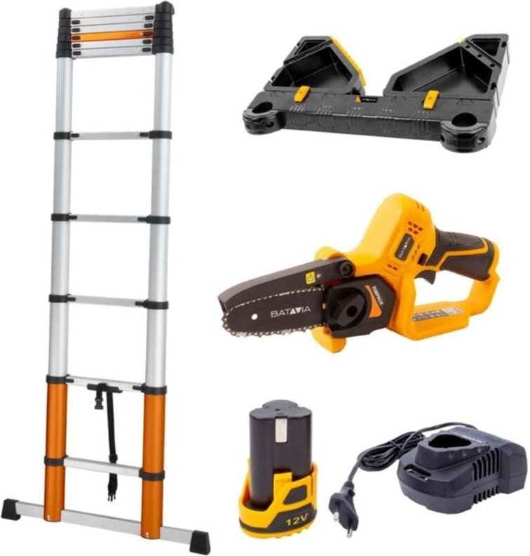 Teleskopleiter-Set – Premiumleiter, Werkzeugablage und 12V Mini-Kettensäge zum einfachen Beschneiden (2,93 m / 3,27 m / ...
