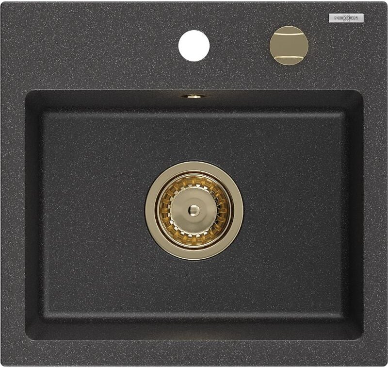 Milo 1-Becken-Granit-Spüle 435 x 410 mm, Schwarz gesprenkelt, Siphon Gold - 6505441000-76-G - Mexen