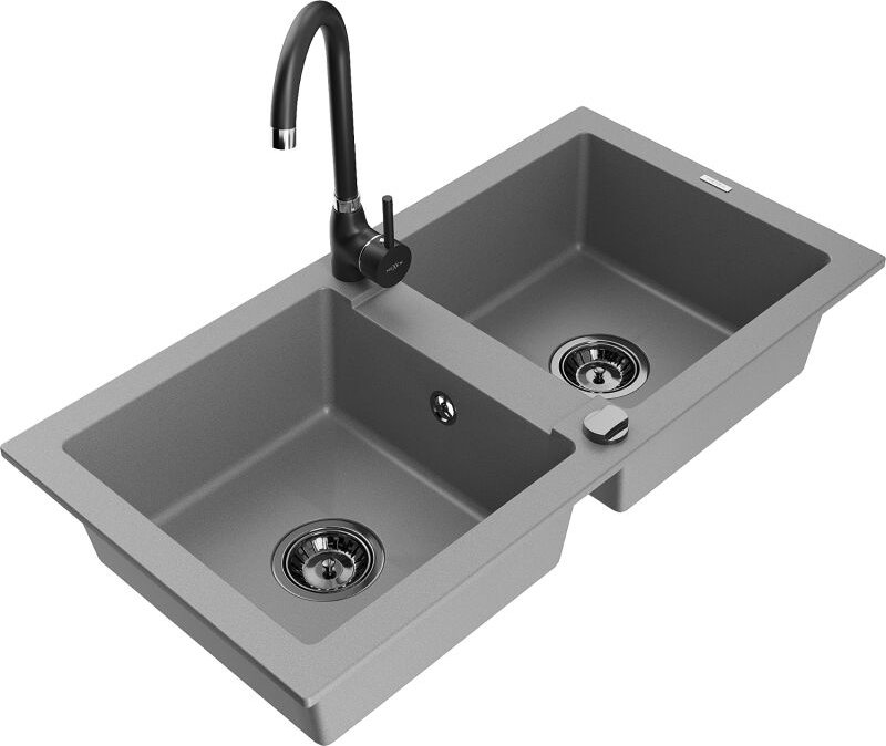 Mario 2-Becken-Granitspüle mit Mischbatterie Telma, Grau - 6504-71-670200-70-B - Mexen