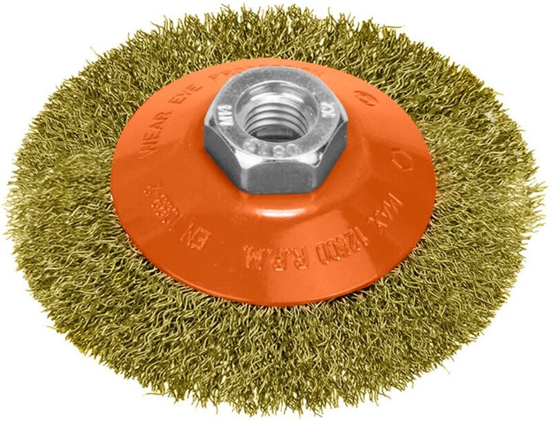 Schräg gebürsteter Stahl Messing Ø 100 mm. Gewinde M14/Draht Ø 0,30 mm.