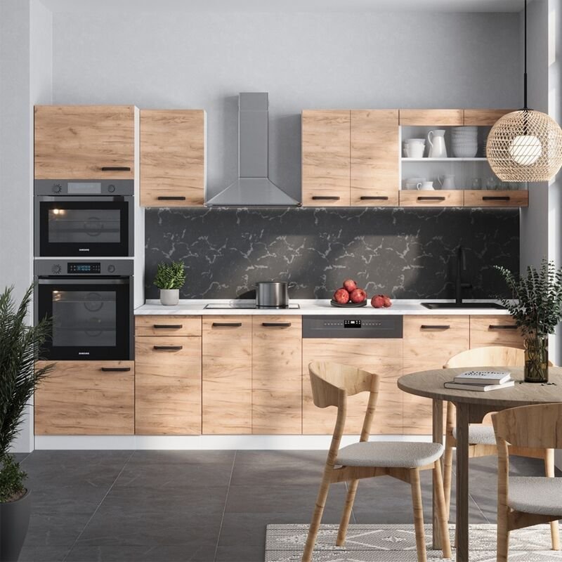 Vicco - Küchenzeile R-Line, Goldkraft Eiche/Weiß, 300 cm ap Anthrazit