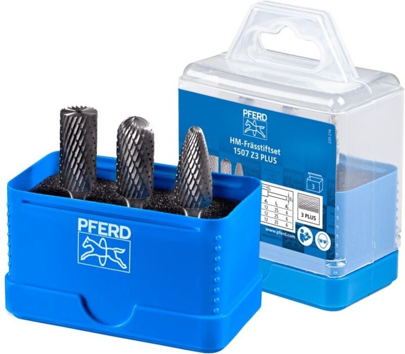 Hartmetall Frässtift Set 1507 Zahnung 3 plus 3-tlg. ø 12mm Schaft-Ø 6 mm universal mittel kreuzverzahnt - Pferd