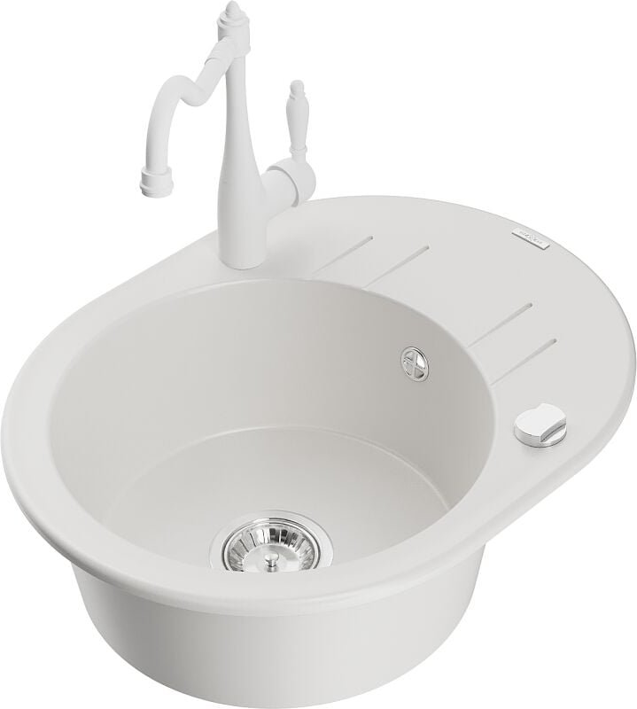 Kevin 1 Becken-Granitspüle mit Abtropffl√§che und Mischbatterie Carla, Wei√ü - 6517-20-670700-20 - Mexen