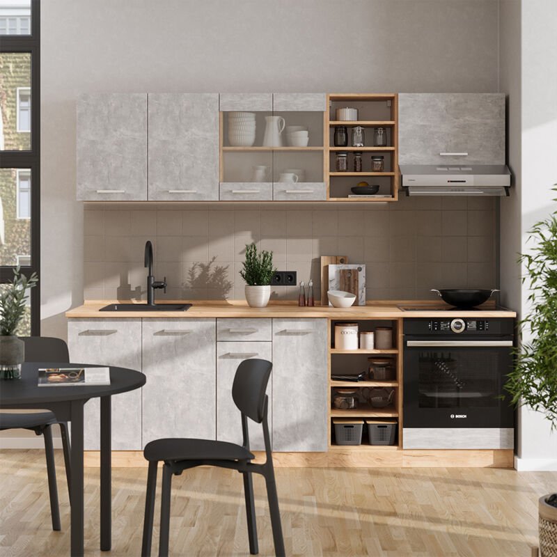 Vicco - Küchenzeile R-Line, Beton/Goldkraft Eiche, 240 cm , ap Eiche