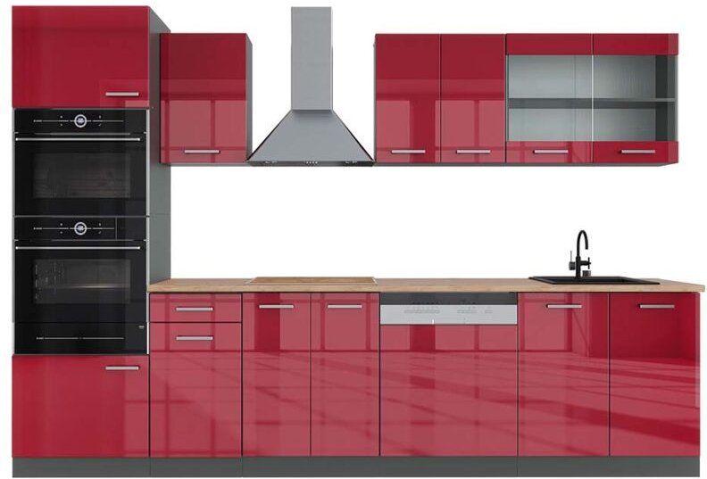 Thumbnail - Vicco - Küchenzeile R-Line, Bordeaux Hochglanz/Anthrazit, 300 cm mit Hochschrank, ap Eiche